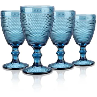 Joeyan 300ml Blau Vintage Weingläser mit Relief,Bunt Kelchgläser Weinkelch Set für Wein Saft Getränke,Set von 4 Trinkgläser Retro mit fuß, Spülmaschinenfest