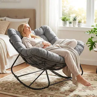 Schaukelstuhl Mit Rattan, Ei-schaukelstuhl, Schaukelsessel Oversized, Mit Dickem Abnehmbar Polster & Metallrahmen, Belastung Von 150kg, Loungesessel Für Garten Balkon Wohnzimmer,dunkelgrau