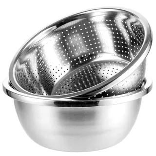 LDHHYH 2 Set Edelstahl Seiher und Schüsselse, Edelstahl Nudelsieb 26cm, Küchensieb, Nudelsieb Reis Waschschüssel, Stapelbares Edelstahls Schüsselset für Gemüse Früchten Nudeln Reis