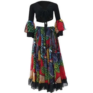 Tubayia Damen Bauchtanz Oberteil Rock Kostüm Set Tanzkostüm Maxi Rock Boho Kleid Tanzrock Tanzkleidung (Schwarz) - Einheitsgröße