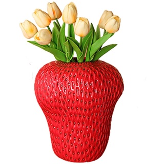 Erdbeervase für Blumen, Keramik-Erdbeer-Blumentopf, Vintage, dekoratives Ornament für Zuhause, Büro, Party, Geschenke, Dekoration (rot)