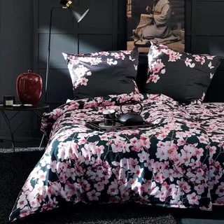 Apelt Mako-Satin Bettwäsche Blossom schwarz 155x220 cm + 80x80 cm - schwarz;pink