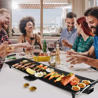 COSTWAY Elektrogrill 90x23cm Elektrische Grillplatte 1800W mit Antihaftbeschichtung, verstellbarer Temperatur, Indoor BBQ Grill Teppanyaki-Grill