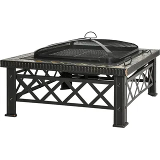 Outsunny 3-in-1 Feuerschale Feuerkorb Feuerstelle mit Funkenschutz, Grillrost & Eiskübel für Garten BBQ Schwarz 76x76x47cm   Aosom.de