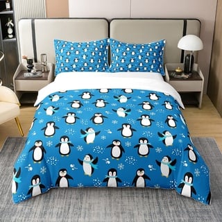 Pinguin 100% Gewaschene Baumwolle Bettbezug 155x220 Kawaii Pinguin Bettwäsche Set Antarktische Tier Tröster Abdeckung für Jungen Cartoon Nette Winter Thema Schneeflocke Muster Steppdeckenbezug,Blau