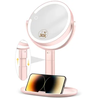 MOMOKUBA Kosmetikspiegel mit Beleuchtung, Vergrößerungsspiegel mit Licht 30fach, Kosmetikspiegel mit Vergrößerung 7", Doppelseitig 3 Farben 64 Led, Schminkspiegel mit Beleuchtung 360° Drehbar, Rosa