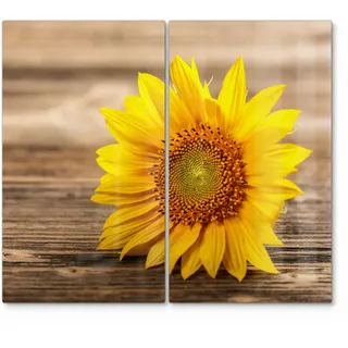 DEQORI Herdabdeckplatten Glas | 2er Set 60x52 cm | Motiv Sonnenblume auf Holz | Glaskeramikkochfeld Abdeckplatten in Küche | Herd-Abdeckungen universal | Glasplatten & Schneidebretter für Kochplatte