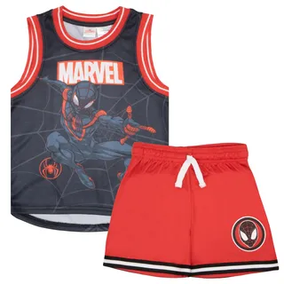 Marvel Avengers Spider-Man Jungen Basketball Trikot & Shorts Passendes Set 2-teiliges Superhelden-Sport-Outfit für Kinder, Schwarz/Rot, 8 - 8