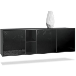 Vladon Sideboard Cuba (Kommode, mit 3 Türen und 2 offene Fächer), Schwarz matt/Schwarz Hochglanz (182 x 53 x 35 cm) schwarz