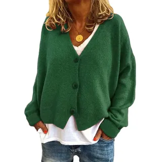 Onsoyours Damen Strickcardigan V-Neck Knopf Elegant Strickjacke Strickmantel Cardigan Gestrickt-Street Style B Dunkelgrün S - S