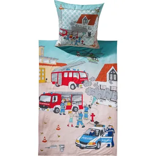 Erwin Müller Kinder-Bettwäsche, Bettgarnitur Polizei und Feuerwehr Flanell bunt Größe 80x80 cm / 135x200 cm - temperaturausgleichend, wohlig warm, weich mit praktischem Reißverschluss