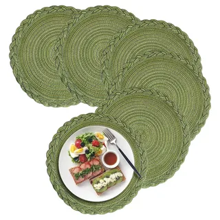 Herfair Platzsets Rund, 6er Set Tischsets Untersetzer Teller, Tischset Baumwolle Gewebte Platzdeckchen Stoff Tischuntersetzer für Küche Weihnachten Decor (Grün,30cm)