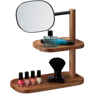 Relaxdays Kosmetikspiegel, 2 Ablagen, Holz, Metall, verstellbar, Bad, Flur, Schmuckablage, HBT 34x30x14cm, natur/schwarz