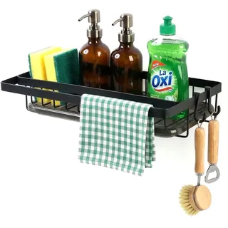 Drwosm Spülbecken Organizer Küchen, Spüle Organizer mit Abflusspfanne und Haken, Waschbecken Ablage, Küchenregal, Spültuchhalter, Ohne Bohren, Schwarz