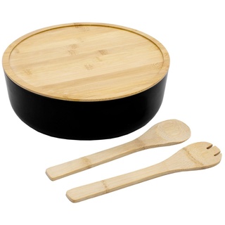 Spetebo Salatschüssel XXL Salatschüssel mit Bambus Deckel, Kunststoff, (Packung, 1-tlg), Kunststoff Schale groß inklusive Holz Besteck schwarz