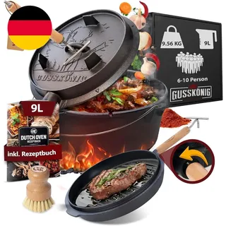 GUSSKÖNIG Dutch Oven Set - Eingebrannter Dutch Oven 9 Liter [6-10 Person]-Feuert