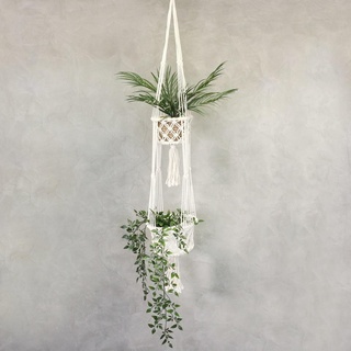 Oriental Galerie Makramee hängende Blumenampel Topfhalter Boho Deko für Innen und Außen Gewebter Blumentopf Weiß Halterung doppelt 125 cm