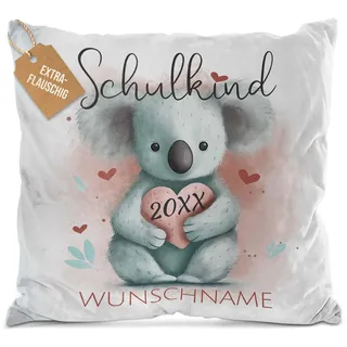 Print Royal PR Flauschiges Kissen zur Einschulung - Schulkind mit Name und Jahr personalisiert - Koala Kissen, personalisierte Geschenke zur Einschulung | Weiß, 40 x 40 cm
