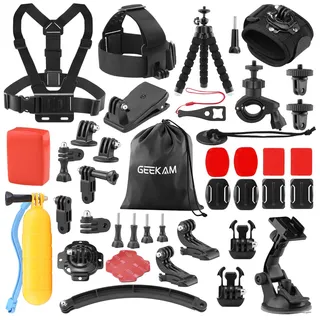 GeeKam 38-in-1 Action-Kamera-Zubehörset für GoPro, AKASO, DJI, Insta360 | Helm-/Brust-/Kopf-/Handgelenk-/Lenker-/Saugnapf-Halterungen + Schwimmgriff für Sport und Unterwasser