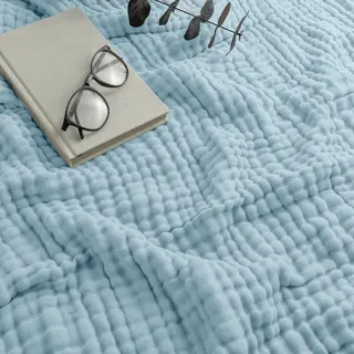 Musselin Decke - Original Sommer Musselindecke 150 x 200, 100% Natürliche Baumwolle Musselindecke Leichte Sanfte, Musselin-Decke für Erwachsene, Kinder, Perfekt für Bett, Sofa (Hellblau,130*150)