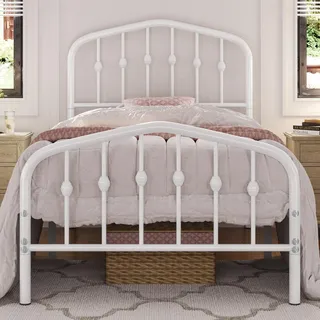Yaheetech Bettrahmen 90 x 200 cm, Vintage Metallbett mit kronenförmigem Kopfteil, Stabiles Bettgestell Einzelbett aus Metall, Robust & Leichte Montage Gästebett Jugendbett Tagesbett, Weiß