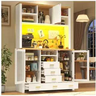 STILVORA Hochschrank mit Schubladen Küchenschrank mit Glastüren und LED-Beleuchtung Weiß (hoher Küchenbuffet, 130 cm lang, 45 cm breit und 180 cm hoch, 1-St., mit offenen Ablageflächen im oberen Bereich) oldenen Griffe an den Schranktüren und Schubladen weiß
