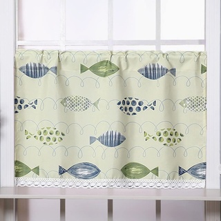 BIRLD Kurze Küchengardine Modern Scheibengardine Bistrogardine Für Cafe Zimmer Kleiner Fische Muster Kurzgardine Halbtransparent, Maritimen Motiv (Color : Green, Size : WxH/90x40cm)