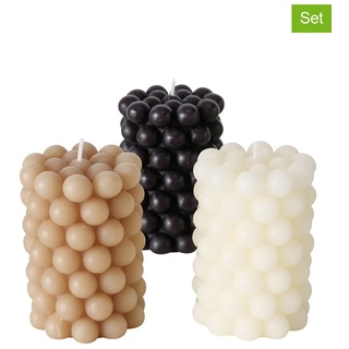 Boltze 3er-Set: Stumpenkerzen "Pearls" in Beige - 3x 215 g
