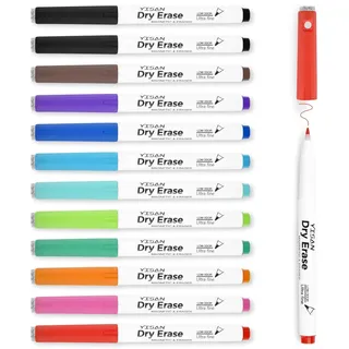 YISAN Magnetische Whiteboard Stifte Dünn,Whiteboard Marker Abwischbar Stift | 0,7 mm Extra Feine mit Radiergummis, 12 Farben mit Geringem Geruch,70559