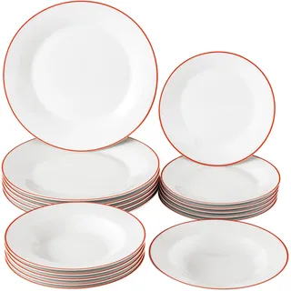 Baroni Home, 18‐teiliges Tellerservice aus Porzellan und Steingut, farbenfrohes Geschirr‐Set für 6 Personen, bestehend aus Suppenteller, Speiseteller und Dessert‐ bzw. Obstteller (Rote Linie)