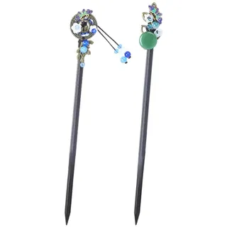 2 Stück chinesische Haarstäbchen für Frauen Holz japanische Haar Essstäbchen Zubehör Retro rote Kirsche Clips Handgefertigte Blume Tassel Geisha Kostüm für Mädchen lange Haare (Blau)