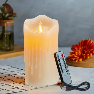 LED Kerzen, Wiederaufladbar Kerzen mit Wachstropfen, Halloween Kerzen, LED Kerzen mit Fernbedienung, Flammenlose Flackern Kerzen, Outdoor Kerzen mit Timer 10cm, Ladekabel Inbegriffen--Elfenbeinfarbe