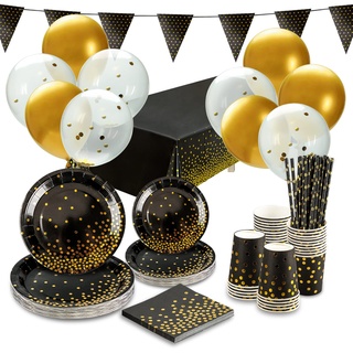 Hombasing Partygeschirr Set, Partygeschirr Schwarz 162 Stück, Schwarz Gold Dot Plastikteller mit Luftballons, Tischdecken, Pappteller, Strohhalme und Becher zum Geburtstagsdeko, Jubiläums (30 Gäste)