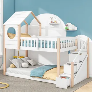 Baumhaus-Kinderbett, Ein- und Ausstieg aus dem Bett, Doppelbett, Kinderbett in Form eines Hauses, Leitergarderobe, Kiefernholz-Hausbett für Kinder,