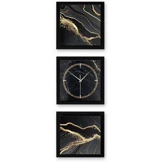 3D Designer-Wanduhr Gold & Black Marble 3-teilige Quarzuhr 90x30cm Schwarz in modernem Metallic-Look rechteckig ohne Tickgeräusche (Gold & Black Marble Hochformatformat, 90x30cm; leises Quarzuhrwerk)