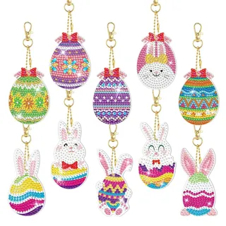 Wishstar 10 Stück Diamond Painting Ostern, Hase Ostereier Diamant Painting Schlüsselanhänger Set, DIY Diamond Painting Set, Ostern zum Basteln für Kinder, Ostergeschenk oder Osterdeko Kinder