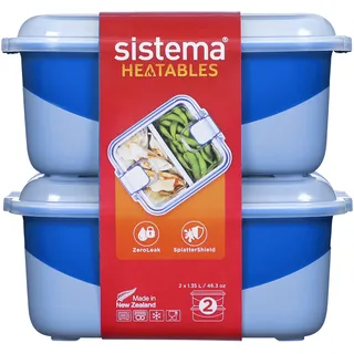 Sistema Heatables Microwave Food Containers | 1.35L | Leakproof Meal Prep Containers with Lids | 2 Count | Lazuli Blue Rectangles