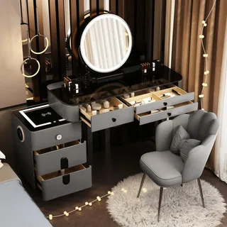 MJKCBD Schminktisch mit Spiegel - Schminkspiegel mit 3 Farben, 5 Schubladen | 100cm Grau Frisiertisch, Glasplatte, Massivholz, 40cm Verschiebbarer Schrank, Großzügiger Stauraum, Schnelle Montage, Mädchen