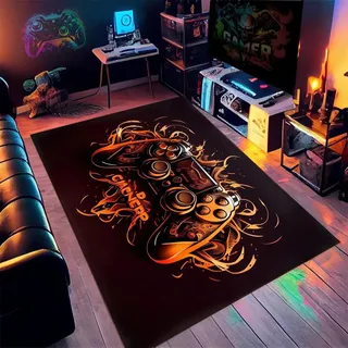 Gaming Bereich Teppich Teener Zimmer Home Decor Anime Cool Neon 3d Graffiti Gamepad Gedruckter Teppich Doppelt Gamer Spiel-teppich Fürs Jugendzimmer Wohnzimmer Sofa Teppich (Orange,100x150cm)