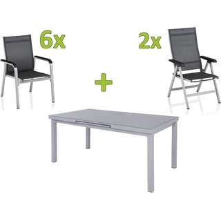 KETTLER BasicPlus Premium Sitzgruppe, silber, Alu/Textilene, Tisch 180/240 cm, 6 Stapel-, 2 Multipos.-sessel