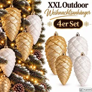 4 Weihnachtskugeln Outdoor Christbaumkugeln Weiß Gold Tannenzapfen Wetterfest - Gold/Weiß