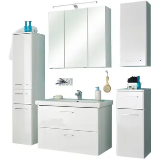 Saphir Badmöbel-Set Quickset 316 5-teilig, inkl. Keramik-Waschtisch und LED-Spiegelschrank, (Set, 5-St), mit Türdämpfern in Weiß Hochglanz, 7 Türen, 3 Schubladen, 1 Klappe weiß