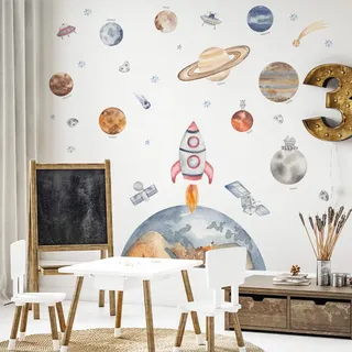 Mica-Mica Wandtattoo Weltraum - Raumschiff mit Planeten im Weltall - Universum | Stoff-Wandtattoos | 100% PVC-frei | Wanddeko, Wandaufkleber & Wandsticker | Deko fürs Kinderzimmer (STI-0249, L)