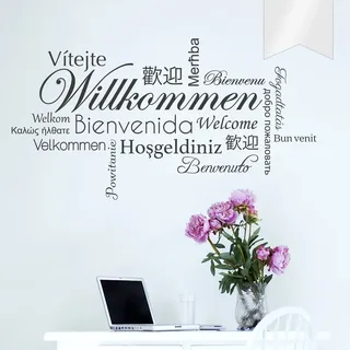 WANDKINGS Wandtattoo - Willkommen in verschiedenen Sprachen - 75 x 41 cm - Milchglasfolie - Wähle aus 5 Größen & 35 Farben