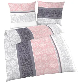 Soma Fein-Biber Bettwäsche 4 teilig grau rosa | Set aus 100% Baumwolle | 135x200 cm & Kissen 80x80 cm | Barock Paisley