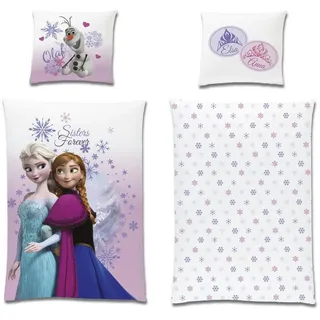 Familando Kinderbettwäsche Frozen Die Eiskönigin 135x200 + 80x80 cm aus 100% Baumwolle, Renforcé, 2 teilig, "Pink Mountain" mit Anna, Elsa und Olaf