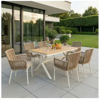 IDIMEX Garten-Essgruppe AFUERA, (7-tlg), Gartenmöbel Set, 6 Personen wetterfest aus Alu und Rope weiß/beige weiß