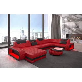 Sofa Dreams Wohnlandschaft Berlin U Form Mini Leder, Designersof, 6-Sitzer, LED-Beleuchtung, Couch, Kopfstützen, USB-Anschluss, Ottomane rot|schwarz