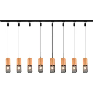 TRIO Leuchten Schienensystem-Sets mit 8 Holz Pendelleuchten, Länge 202,5cm, ohne Leuchtmittel, 2-Phasen Lichtschienensystem für Kücheninsel hängend, Esszimmer-Lampe schwarz