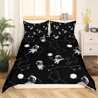 Astronaut Bettwäsche 135 x 200 Kinder Karikatur Spaceman Bettbezug für Jungen Mädchen Kleinkinder Trippy Galaxy Bettwäsche Set Zodiac Astrologie Bettbezug Schwarz Weiß Bettwäsche Set 2 Stück